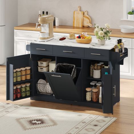 Ilot cuisine mobile 136×50(75)×92cm,avec plateau de rangement,3 tiroirs,2 tablettes de porte,placard poubelle,chariot de cuisine sur roulettes,Gris (1/5)