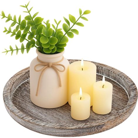 M.J COMFY-LIFE Wooden Candle Holder Tray Round Decorative Candle Plate Farmhouse Table (Light Brown) (1/5)