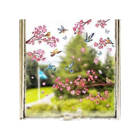 Fensteraufkleber Blumen Vögel auf Ast Antikollisionsaufkleber Kirschblüten Aufkleber ohne Klebstoff für Glas Fenster Tür Badezimmer Aufkleber (1/4)