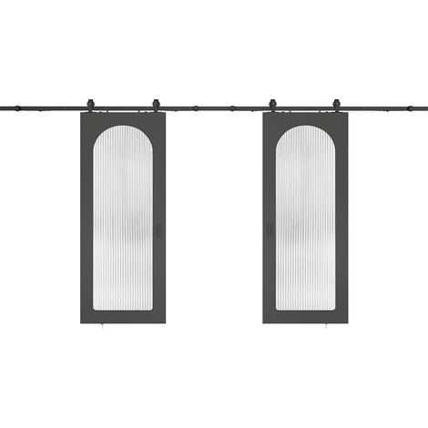 Porte coulissante double avec système en applique en bois et MDF - arche noire et verre trempé cannelé - 2 x H205 x L83 cm - ODEZA (1/3)
