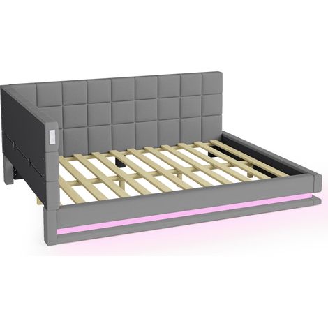 Sofá cama capitoné 160 x 200 cm de lino gris con LED, USB y somier de láminas (1/5)