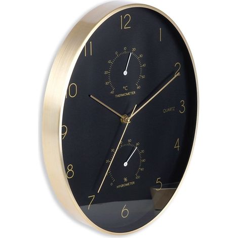 Horloge murale noire et dorée avec thermomètre et hygromètre, 27 x 34,5 cm (1/5)