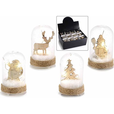 Decorazioni natalizie in vetro con decoro Babbo, pupazzo neve, renna e albero in legno, con neve e luci LED, set da 12 pezzi, Ø 4,5 cm x 7 H