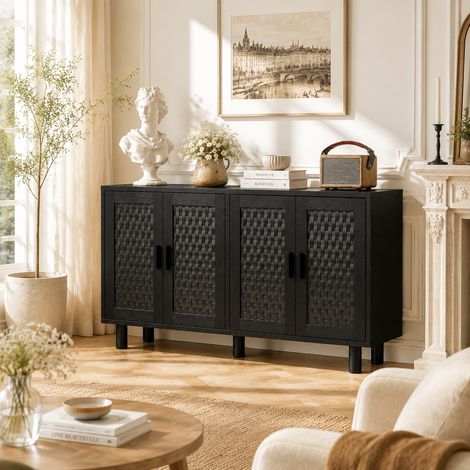 Buffet à quatre portes en osier noir - 140 x 40 x 80 - Meuble de rangement en bois - Salon/Salle à manger - Style moderne et tendance - Très grand espace de rangement