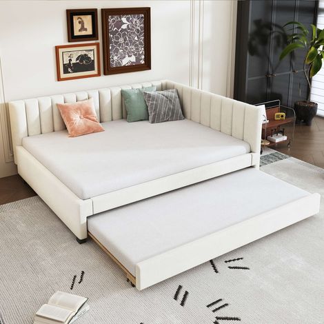 Lit banquette gigogne 140x200 cm beige en velours, couchage coulissant 90x190 cm, sommier 20 lattes inclus, sans matelas (1/5)