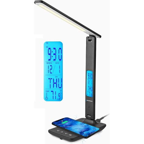Lampe Bureau LED avec Chargeur Sans Fil, Port Chargement USB, Lampe Table à Gradation avec 5 Modes Couleurs, Bras Réglable, Lecture, Affichage LCD, Noir Régulier (1/5)