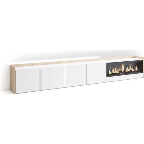 Mueble TV Almáchar-02 de 315x50x35 cm con chimenea eléctrica y luces LED, color blanco y roble soft (1/4)