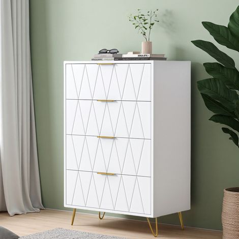 Commode blanche 4 tiroirs 60x34x90 cm – Panneaux de particules – pieds en métal – Rangement élégant pour chambre et salon (1/4)
