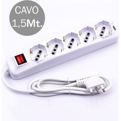 V-TAC Multipresa con Cavo 1,5mt 5 Prese 10/16A 2P+T Bipasso + Shuko Interruttore Luminoso Spina 16A 2P+T Colore Bianco - SKU 8712