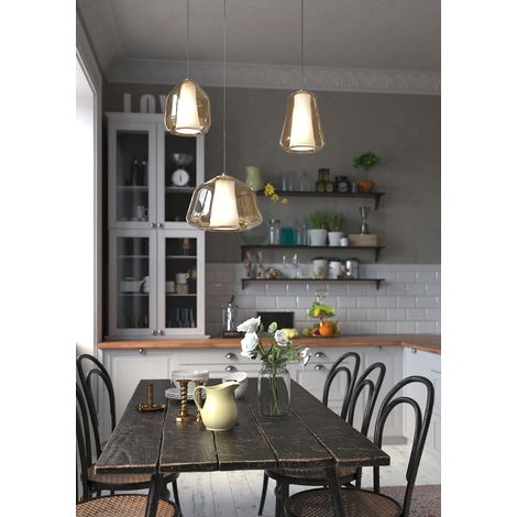 Lampadario Contemporaneo Double Skin Metallo Ottone Vetro Ambra 3 Luci E27