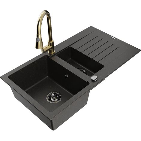 Mexen Matias lavello in granito a 1,5 vasche con scolapiatti e rubinetto da cucina Elia, nero/oro metallizzato (1/5)