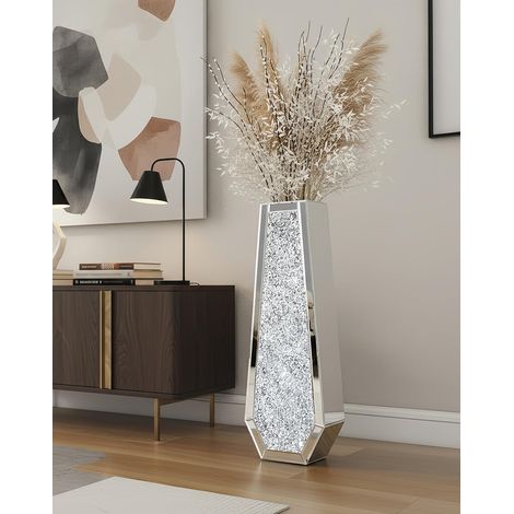 Vase Décoratif en Verre: Cristal Grand Vase à Poser au Sol 68cm Vases Fleurs Haut Argenté Géométrique, Diamants Design pour Pampa et Fleurs Séchées Décoration Maison Salon en Miroir HD (1/5)