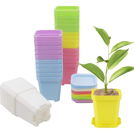 Set mit 30 quadratischen Blumentöpfen (7,6 cm Kantenlänge) aus dickem, farbenfrohem Kunststoff, inklusive Untersetzern – verschiedene Farben, 30 Stück