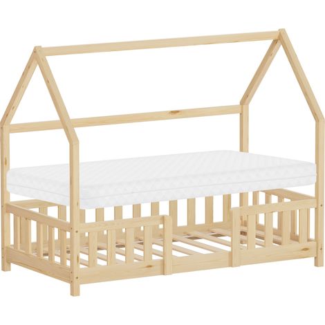 ML-Design Letto a Casetta per Bambini 80x160 cm, Naturale, con Materasso e Protezione Anticaduta, Tetto e Rete a Doghe, Struttura Montessori in Legno Massello di Pino, Letto Singolo per Ragazzi