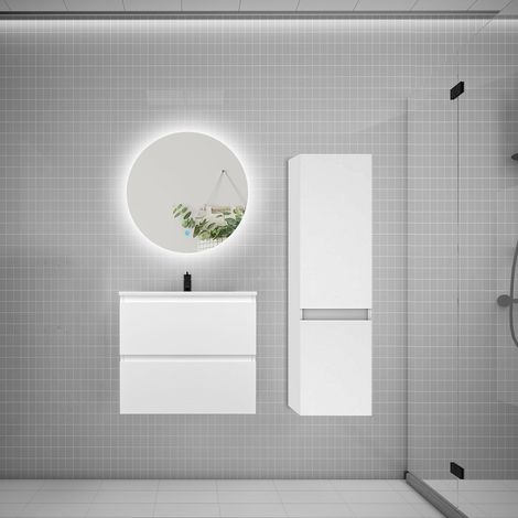 Ensemble meuble de salle de bain et lavabo blanc ( L.60 cm) 2 tiroirs + meuble haut + lavabo + miroir rond LED