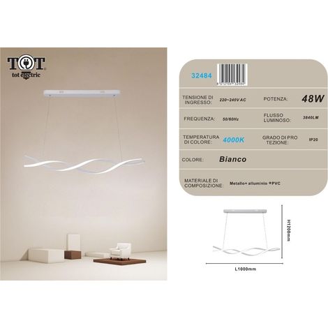 Lampadario a sospensione led 48W bianco spirale ondulato luce vortice orizzontale per camera cucina soggiorno  Naturale
