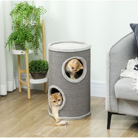 Tonne à griffer pour chat Ø35x60 cm en polyester gris clair, gain de place pour salon FLORAGRACE (1/5)