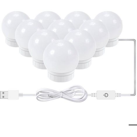 Kit D'Eclairage Miroir Led Pour Coiffeuse, Avec 10 Ampoules Reglables, 10 Luminosite Et 3 Modes D'Eclairage, Type Usb, Blanc (1/5)