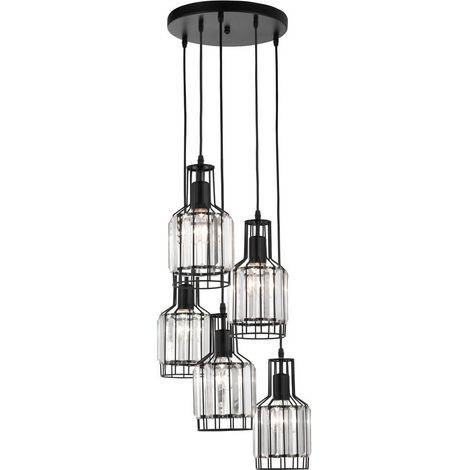 Merano Bancroft Plafonnier suspendu à 5 lumières en aluminium noir, cristal LED E27