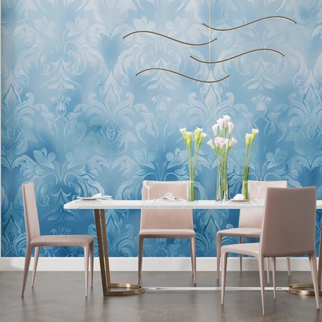 Papier Peint Rétro - Motif Baroque Bleu Doux - 300 x 250 cm (1/2)