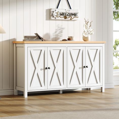 Credenza moderna bianca con 4 ante, maniglia rotonda nera, 2 scomparti, mobile contenitore multifunzionale in MDF, mobile per soggiorno/sala da pranzo, mobile per ingresso, bianco, 140 x 40 x 78 cm (1/5)