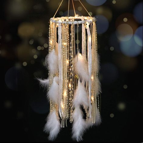 Attrape-Rêves - Avec Plume Naturelle Blanche - Guirlande LED Intégrée - Fonctionne Sur 2 Piles AA - Décoration Chambre Enfant ou Adulte - Ornement Festif et Cadeau - Doré (1/4)