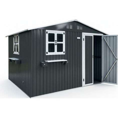 Abri de Jardin Métal 7m² en Acier Galvanisé Gris Anthracite avec Fenêtres et Portes Verrouillables - Cabanon Extérieur Étanche
