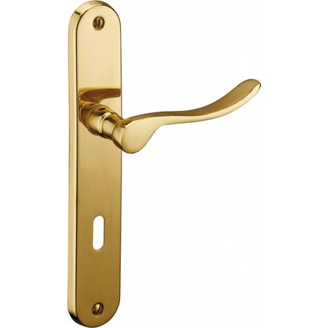 THIRARD - Ensemble de poignées pour porte de chambre Marianne, trou de clé, carré 7mm, entr'axes 195mm, laiton poli - THIRARD