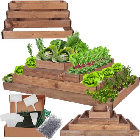 MODO24 ZP09 Carré potager surélevé en escalier modulable, bois de pin, herbes/légumes, jardin/terrasse/balcon, 36x117x80 cm, marron