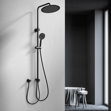 Regendusche Schwarz Duschsystem ohne Armatur, 300mm Rund Regendusche Edelstahl Duschset, Höhenverstellbar, 3 Strahlarten Duschkopf, Duschsystem, Duschsäule Duschset für Dusche