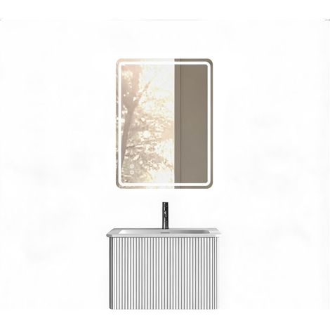 Ensemble salle de bain miroir LED 60x80 cm, meuble vasque 60 cm avec colonne, pré-monté, tiroir blanc à rayures, sans cadre, pose horizontale (1/3)