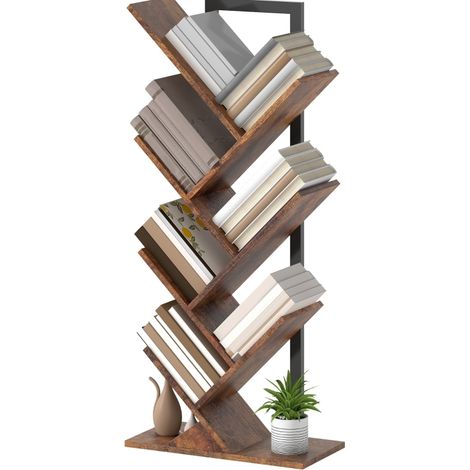 CHICFURN Libreria a pavimento 50 x 24 x 109 cm in legno marrone rustico, design albero (1/5)