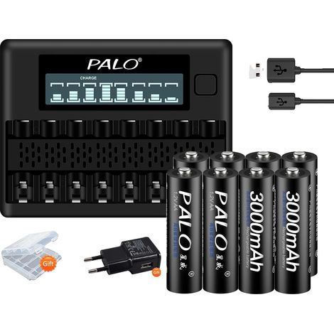 Batería recargable, capacidad de 3000 mAh, cargador inteligente, 8 baterías, 1 cargador (1/2)