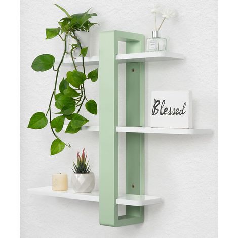 Étagère Murale Réglable 3 Niveaux Vert Menthe pour Salon, 50 x 58 cm Étagère flottante en bois massif longue, tablettes amovibles, pour plantes et photos, salon, chambre, bureau et salle de bain (1/5)
