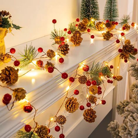 Guirlande Lumineuse Pomme de Pin, 3M Lampe Pomme de Pin, Guirlande de NoëL avec LumièRes Rouges et Pommes de Pin, à Piles, Décoration de Baies