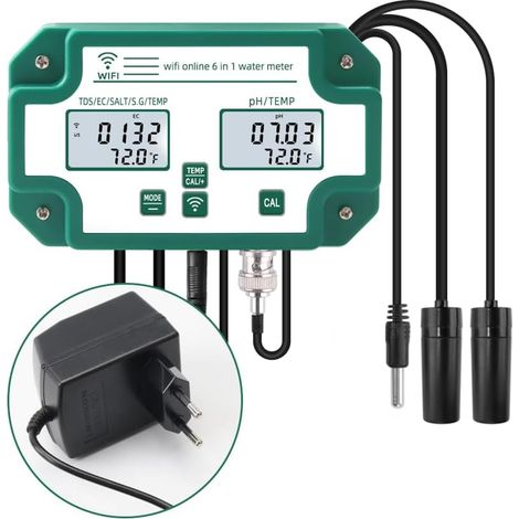 Wasserqualitätstester, 6-in-1-WiFi-Multiparameter-Wasserqualitätsmonitor, digitaler pH-Wert/Gesamtgehalt an gelösten Feststoffen/EC/S.G/Salz/Temp-Messgerät für Aquakultur-Schwimmbäder