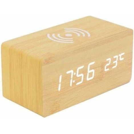 Sveglia digitale con termometro, sveglia digitale in legno, sveglia digitale a LED in legno con ricarica wireless, sveglia in legno con caricatore a induzione, caricatore wireless per camera da letto/