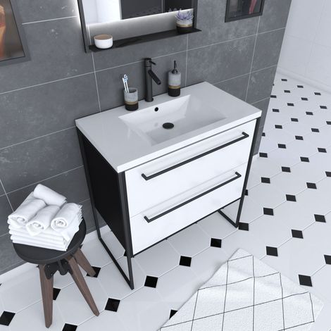 Mobile da bagno 80x50cm Tappetino nero - 2 cassetti Bianco - Lavabo bianco - Structura F034