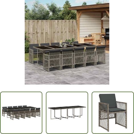 vidaXL Table de jardin - Ensemble à manger de jardin 11pcs avec coussins gris poly rotin (1/5)