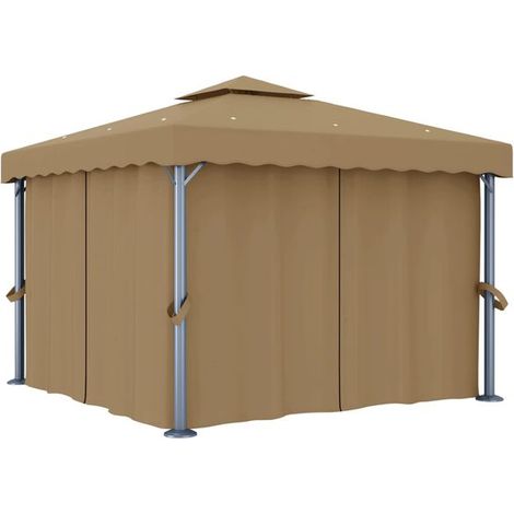 Pavillon d'observation 3x3 avec rideaux, aluminium gris-brun clair.