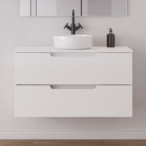 Meuble de salle de bain 100cm avec plateau et vasque à poser ronde - 2 tiroirs - sans miroir - blanc mat - SONRIZA (1/5)