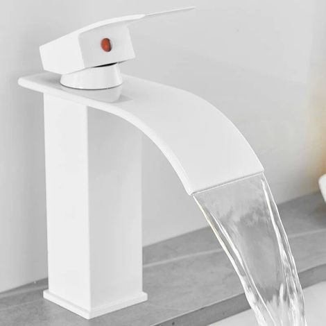 Robinet Moderne pour Salle de Bain et cuisine,effet Cascade,Design Elégant Robinet Lavabo,Mitigeur d'eau Chaude et Froide Disponible,blanc (1/5)