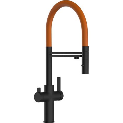 Rubinetto 3 vie miscelatore cucina Nero Opaco con canale separato per acqua filtrata, canna arancione movibile e doccia due getti staccabile - Serie FC (1/5)