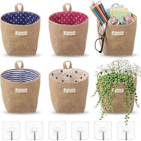 6 Pièces Sacs de Rangement Suspendus en Coton et Lin Petit Panier Rangement Pliable avec Crochets Storage Paniers Organizer Murale pour Jouets Maquillage Cles et Petits Objets