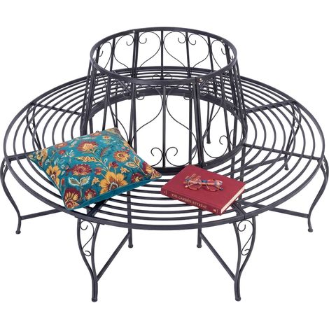 Relaxdays Tree Bench, 360-degree seating, heart motifs, HxWxD: 85x160x160 cm, steel, 600 kg, black (1/5)