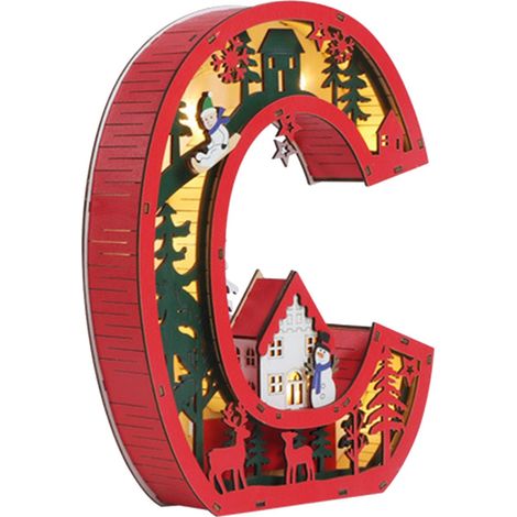 Lettre décorative lumineuse en bois C, style Noël, éclairage LED intérieur, décoration personnalisée artisanale, nécessite 2 piles AA (1/5)
