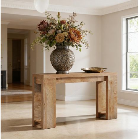Table console en bois marron 160 cm, format étroit style rustique, pour entrée ou derrière canapé (1/5)