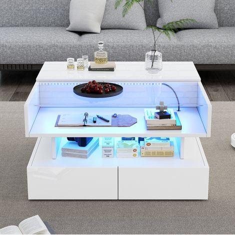 REDOM Couchtisch 80x80x45 cm, höhenverstellbar, mit verstecktem Stauraum und 2 Schubladen, Spanplatte, Weiß (1/5)