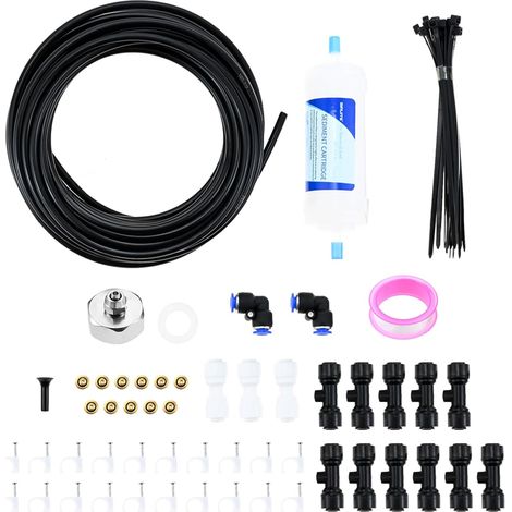 Kit d'irrigation extérieur - Système de brumisation de refroidissement - 32 pieds de conduites de brouillard - 11 buses de brouillard en laiton - Tuyau de 10 m - Pour terrasse, jardin, serre (1/5)