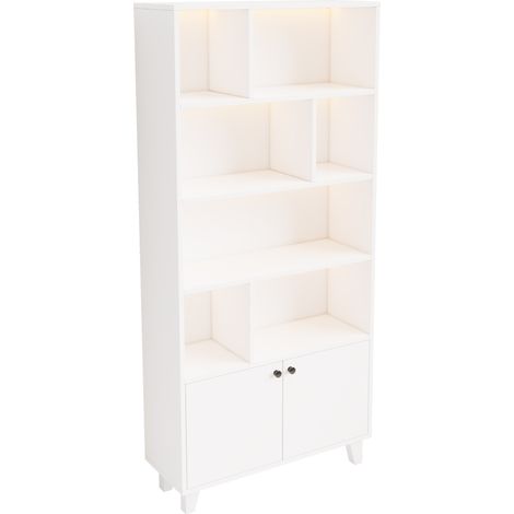 Librería blanca 80x30x173 cm con puertas, LED y estructura de MDF con patas de madera MODENUIT (1/5)
